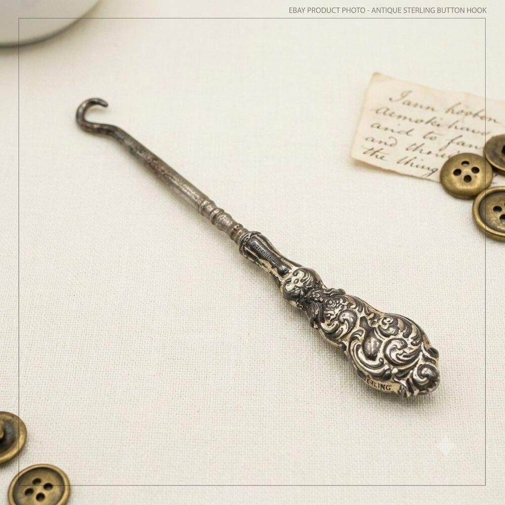Antique Sterling Silver Handled Button Hook Ornate Art Nouveau Boot Shoe Tool